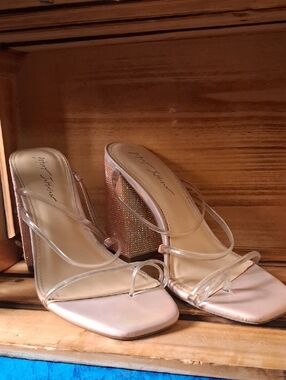 Betsey Johnson Pink Iridescent Block 5" Heel Sandals with Clear Straps, 9.5